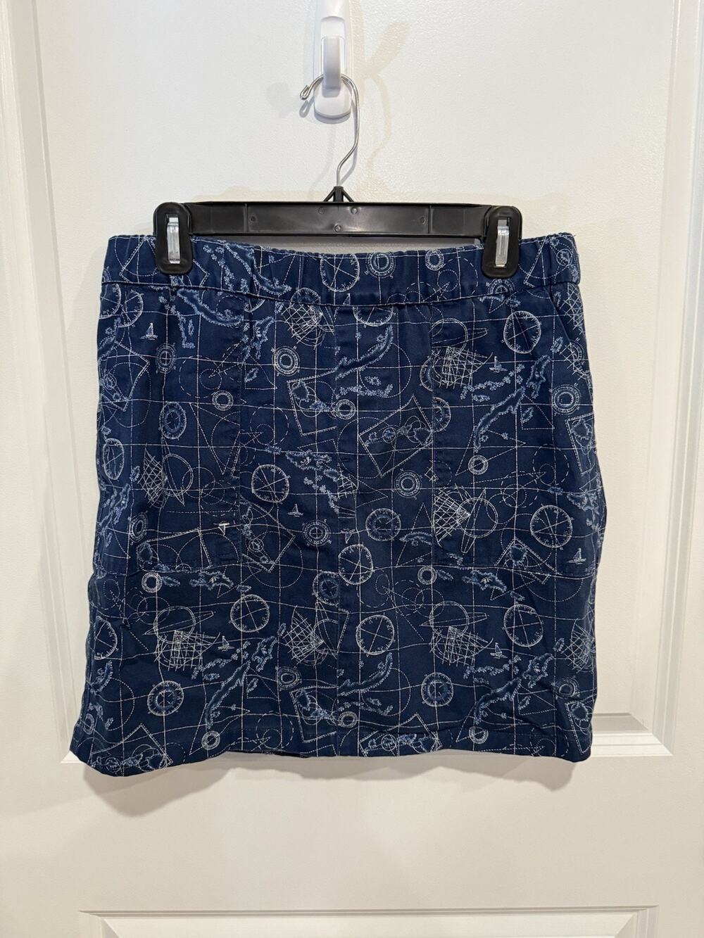 Lands End Cotton Skort Mid Rise Navy Print Side Slit Pockets 8P Nautical Coastal